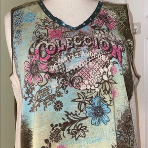 Vanilla Sugar vintage tan/green/blue/pink floral sequin sleeveless pullover